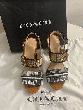 COACH Black & Gold Raffia Buckle Sandals